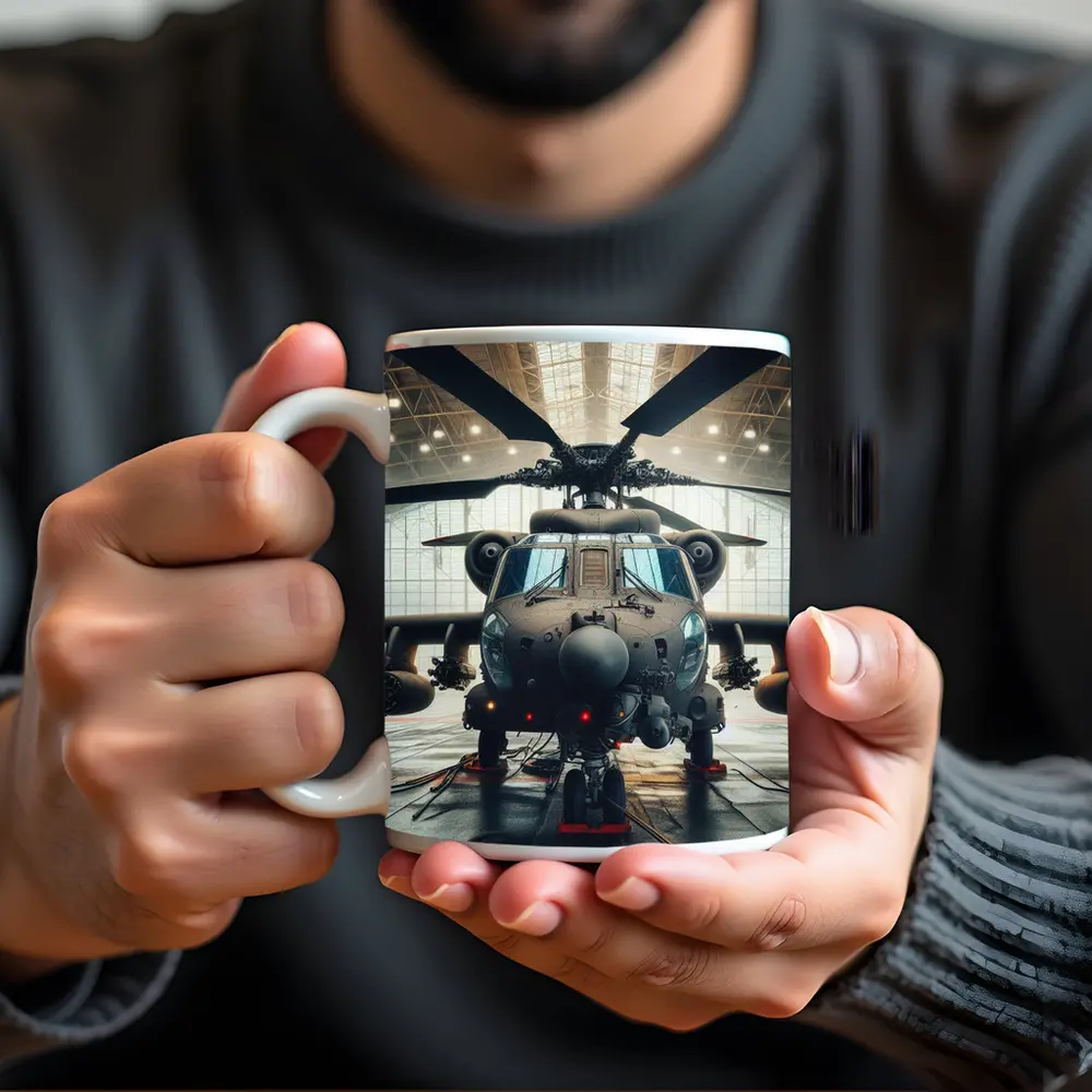 Military Attack Helicopter Inside Hangar – Mugs