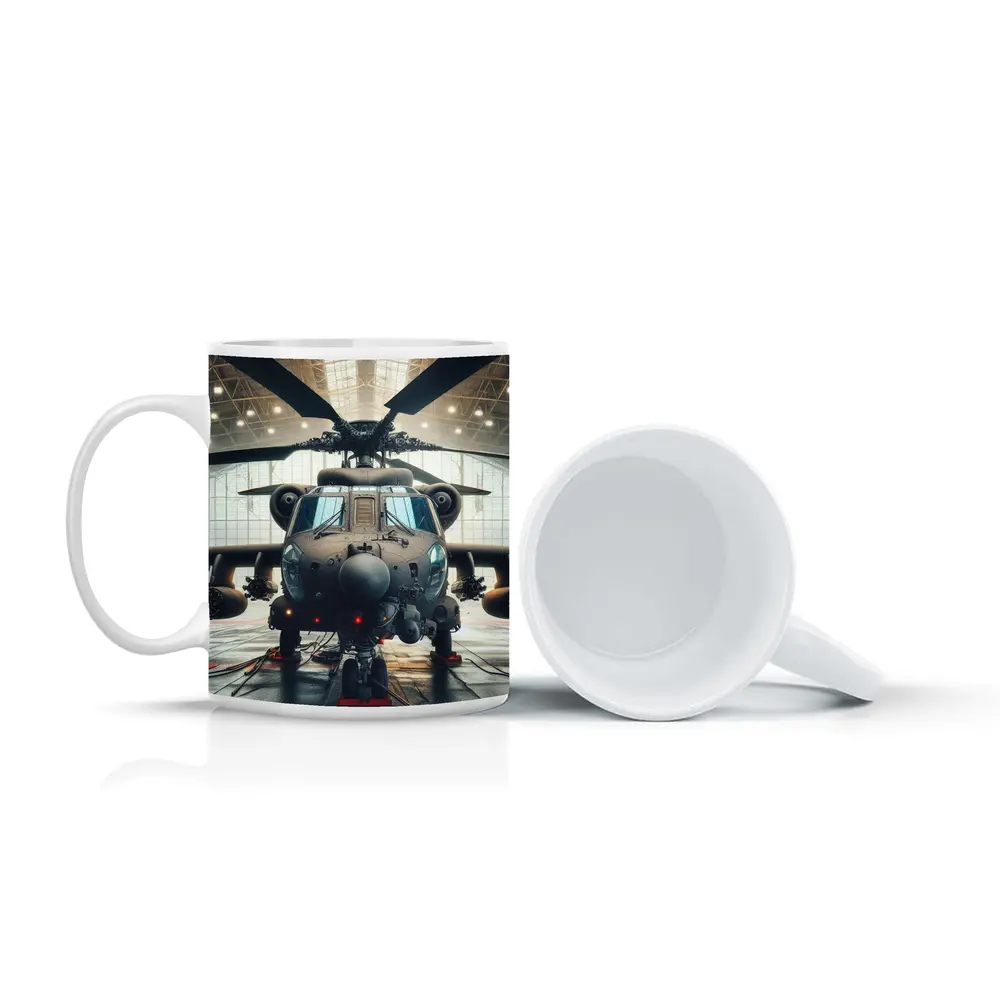Military Attack Helicopter Inside Hangar – Mugs