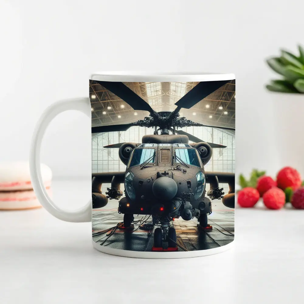 Military Attack Helicopter Inside Hangar – Mugs