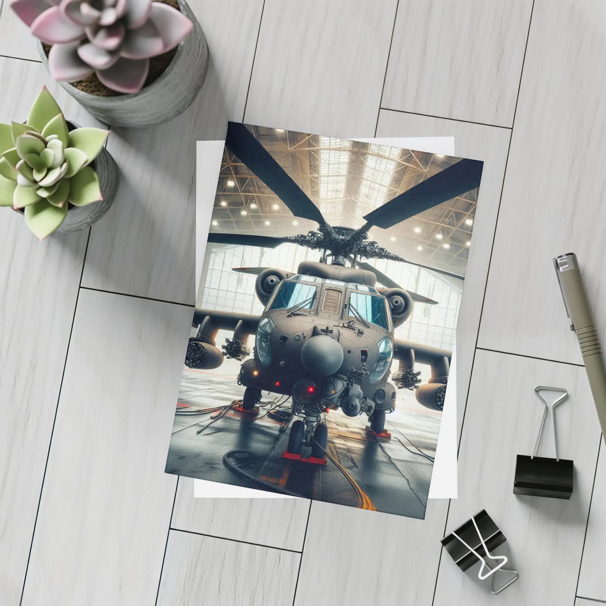 Military Attack Helicopter Inside Hangar – Postcards