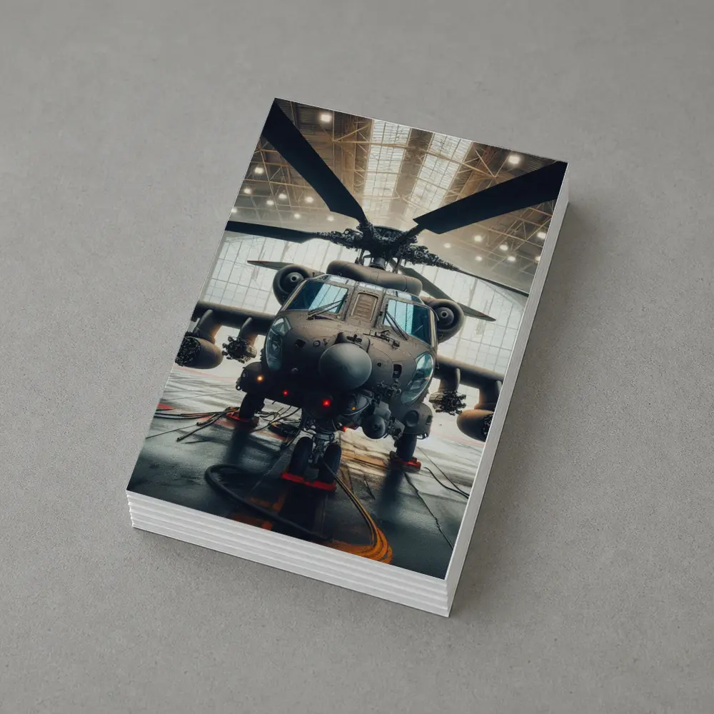 Military Attack Helicopter Inside Hangar – Postcards