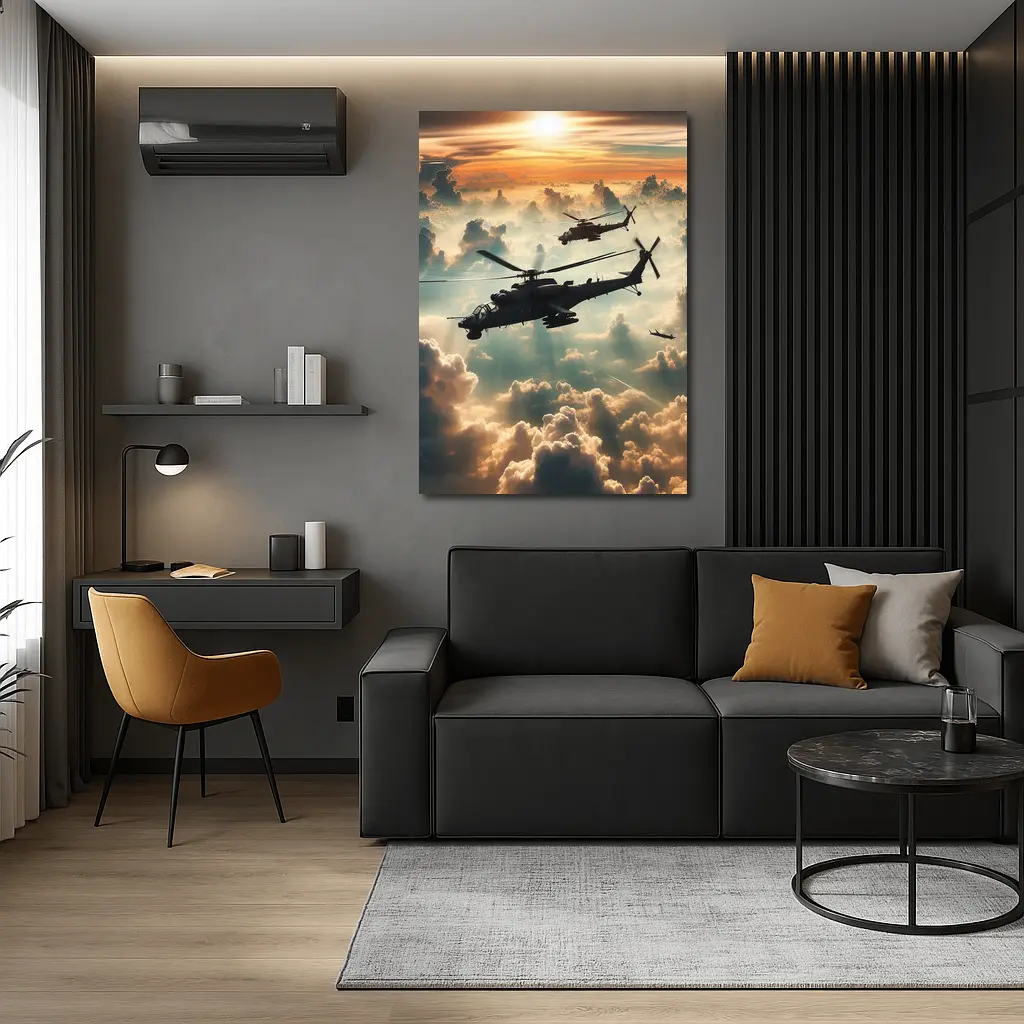 Attack Helicopters Flying Above Golden Clouds – Wall Art