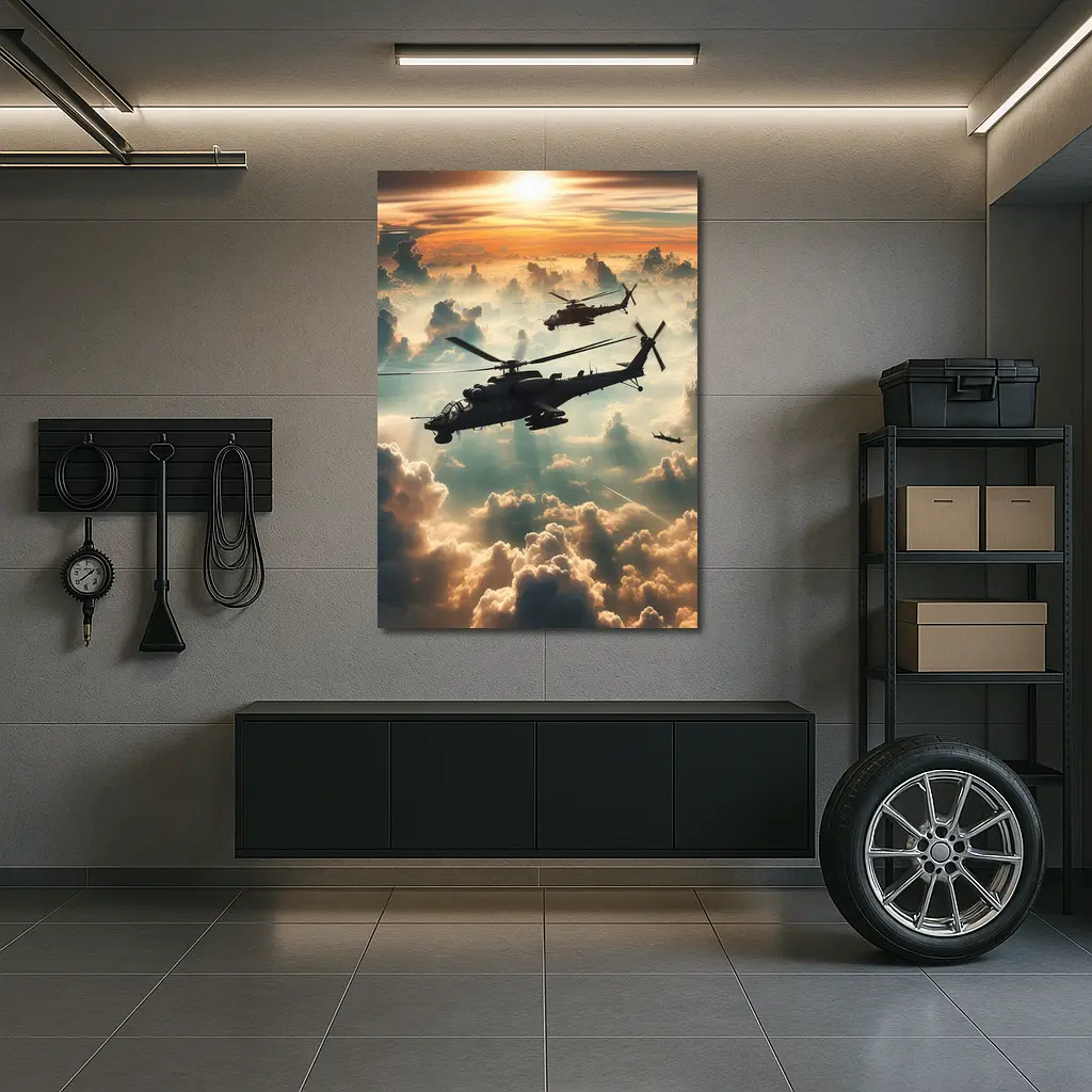 Attack Helicopters Flying Above Golden Clouds – Wall Art