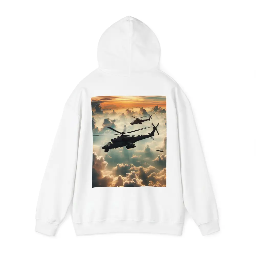 Attack Helicopters Flying Above Golden Clouds – Hoodies