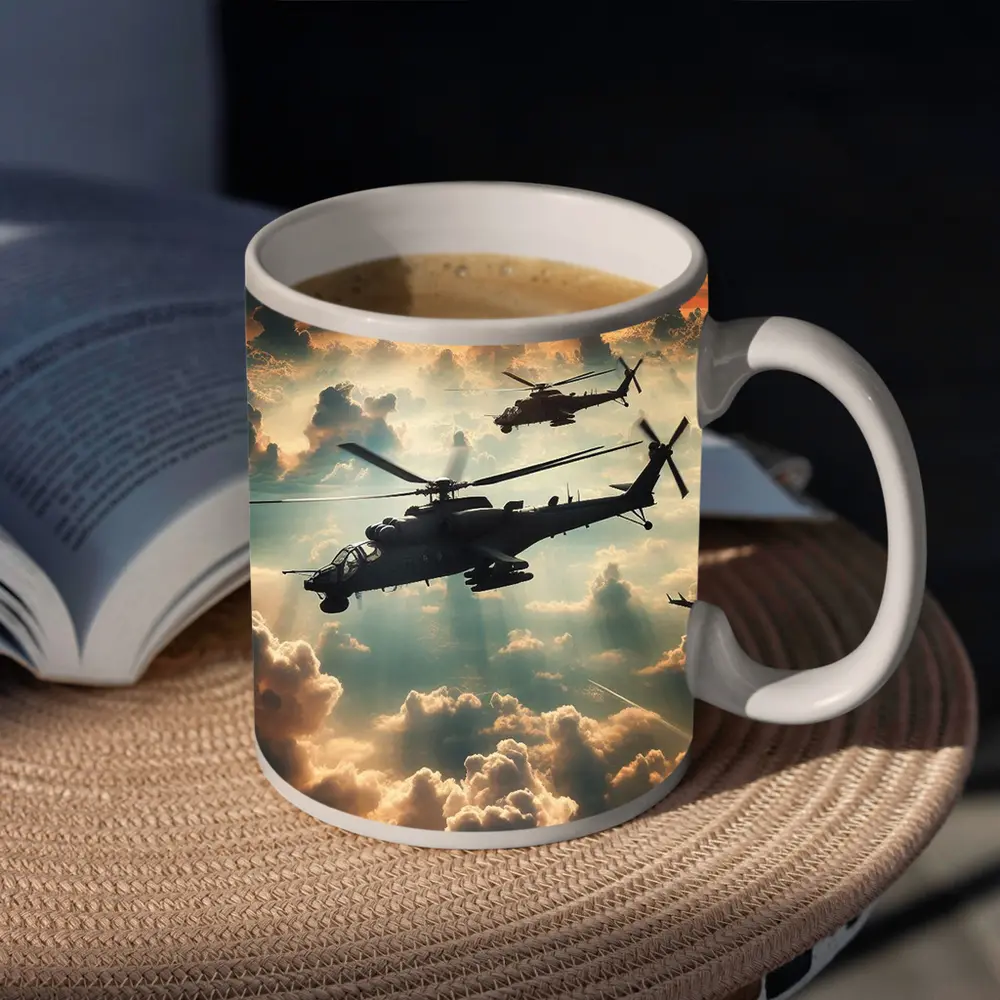 Attack Helicopters Flying Above Golden Clouds – Mugs