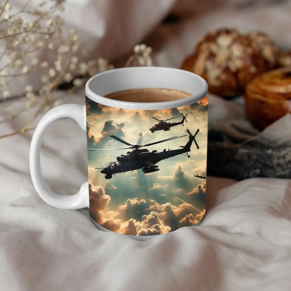 Attack Helicopters Flying Above Golden Clouds – Mugs