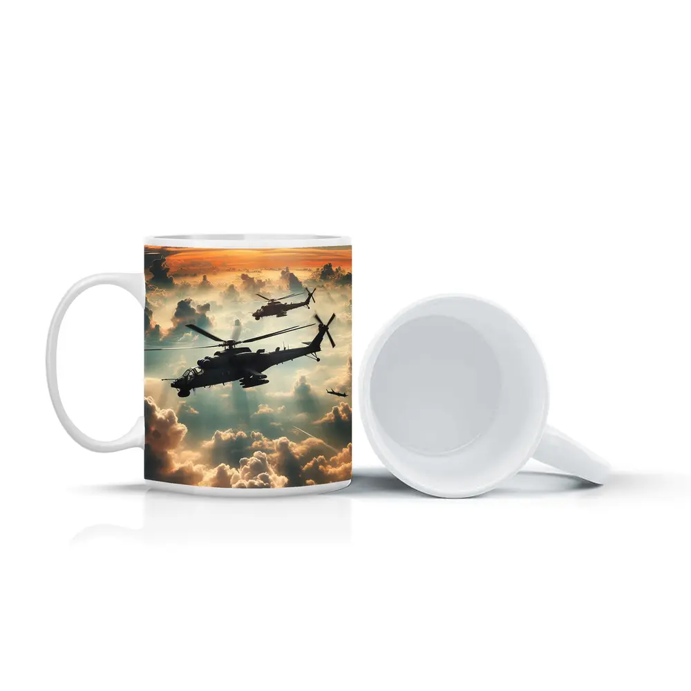 Attack Helicopters Flying Above Golden Clouds – Mugs