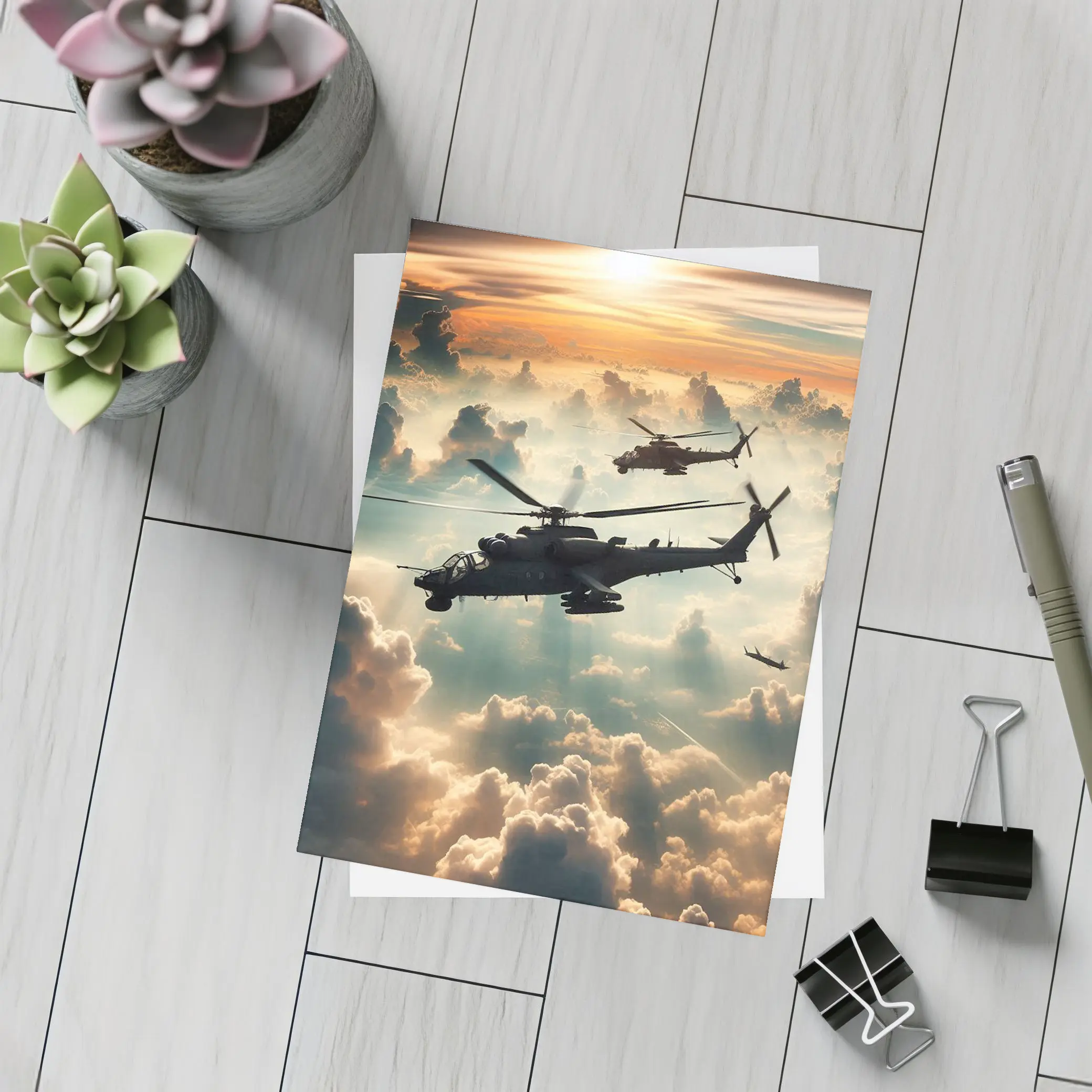 Attack Helicopters Flying Above Golden Clouds – Postcards