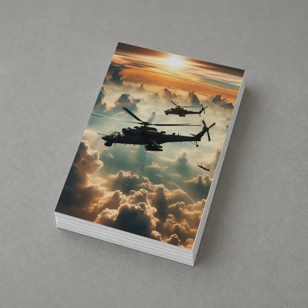 Attack Helicopters Flying Above Golden Clouds – Postcards
