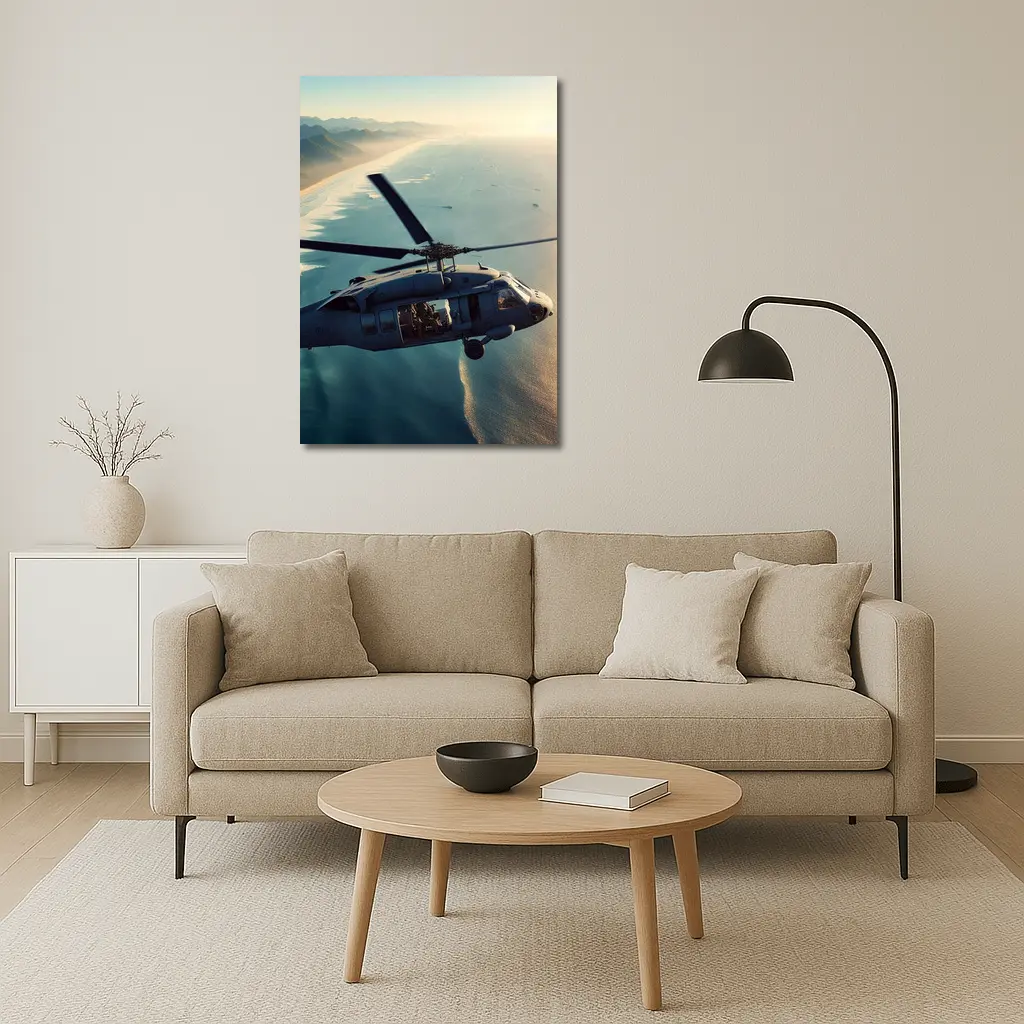 Military Helicopter Flying Over Coastal Shoreline – Wall Art