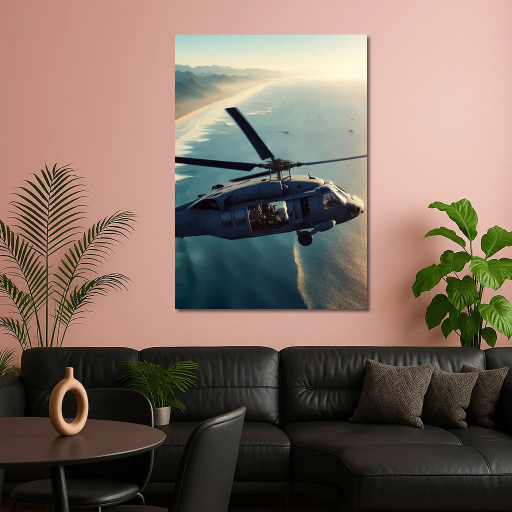 Military Helicopter Flying Over Coastal Shoreline – Wall Art