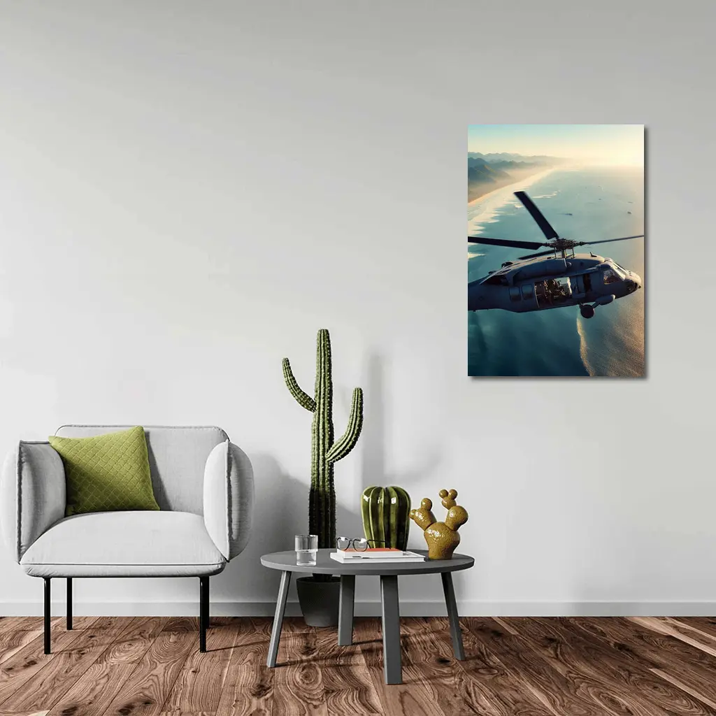 Military Helicopter Flying Over Coastal Shoreline – Wall Art
