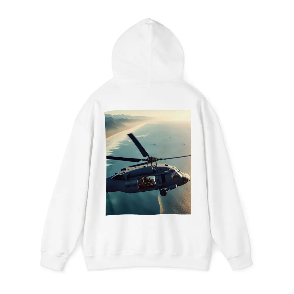 Military Helicopter Flying Over Coastal Shoreline – Hoodies