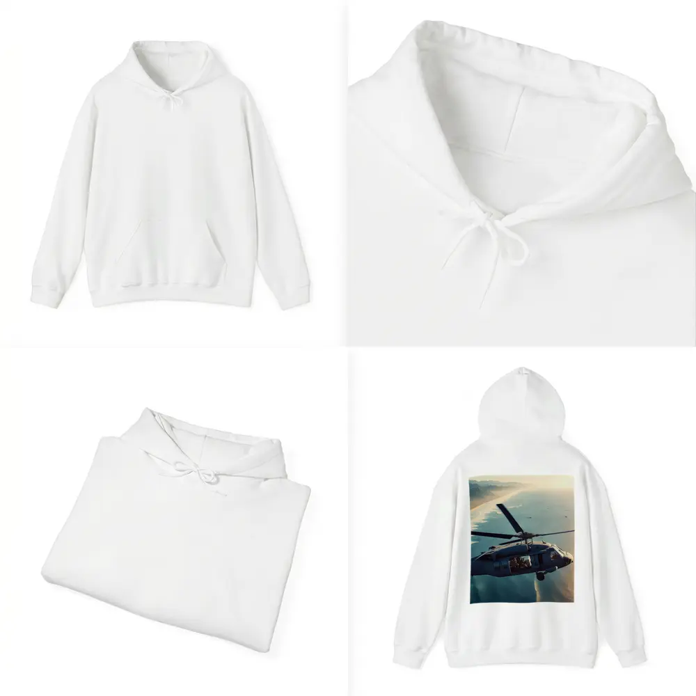 Military Helicopter Flying Over Coastal Shoreline – Hoodies