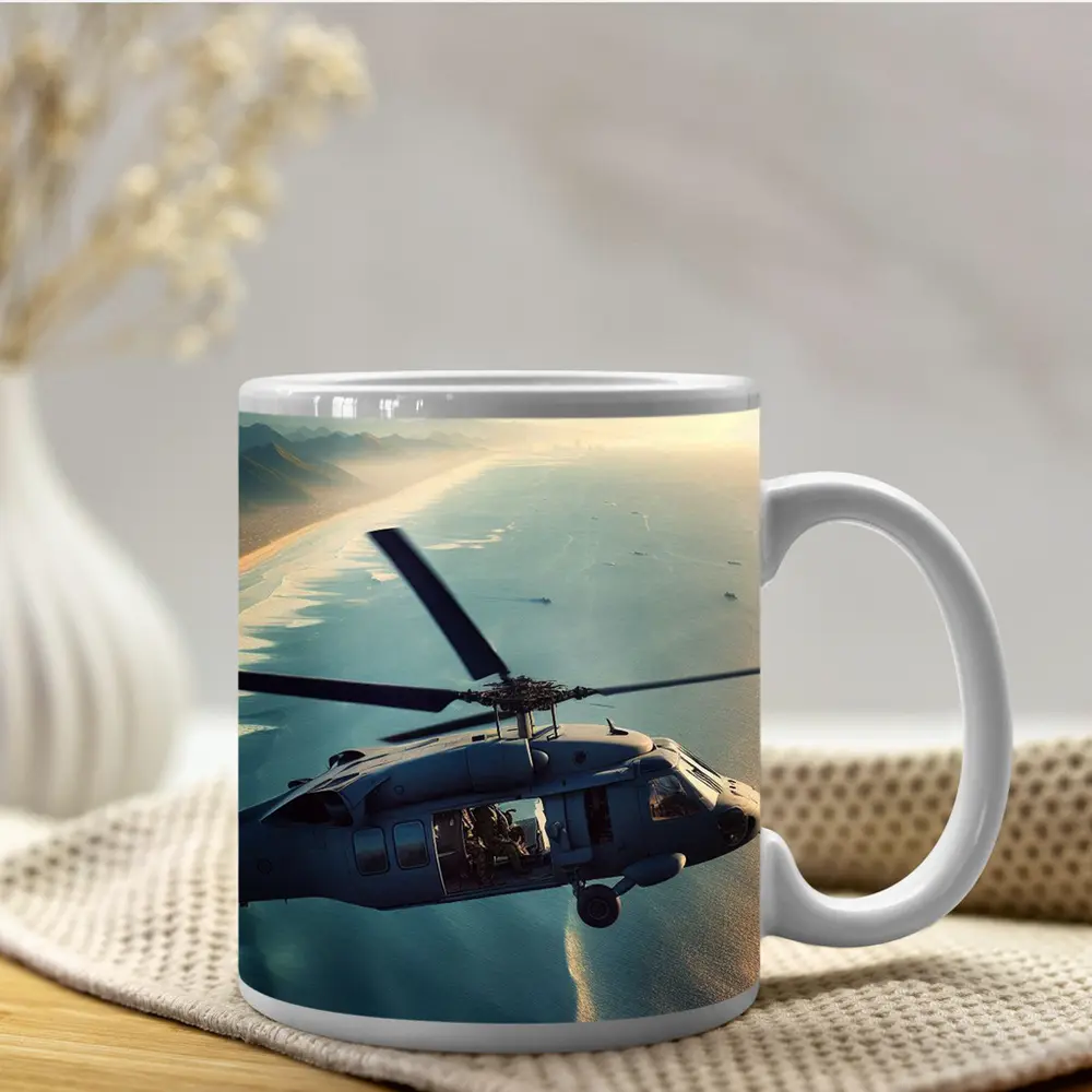 Military Helicopter Flying Over Coastal Shoreline – Mugs