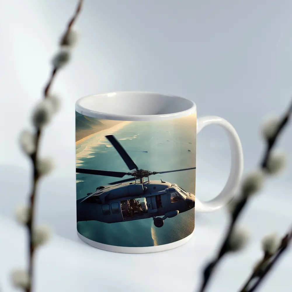 Military Helicopter Flying Over Coastal Shoreline – Mugs