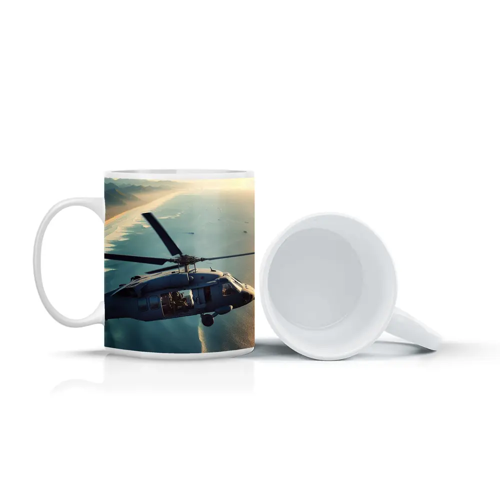 Military Helicopter Flying Over Coastal Shoreline – Mugs