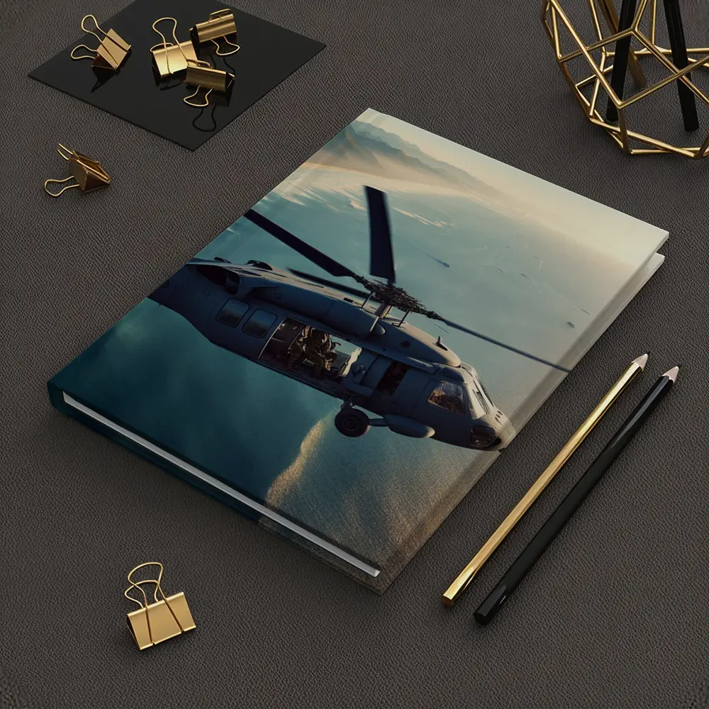 Military Helicopter Flying Over Coastal Shoreline – Notebooks