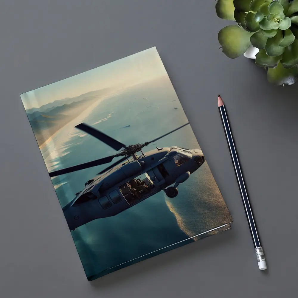 Military Helicopter Flying Over Coastal Shoreline – Notebooks