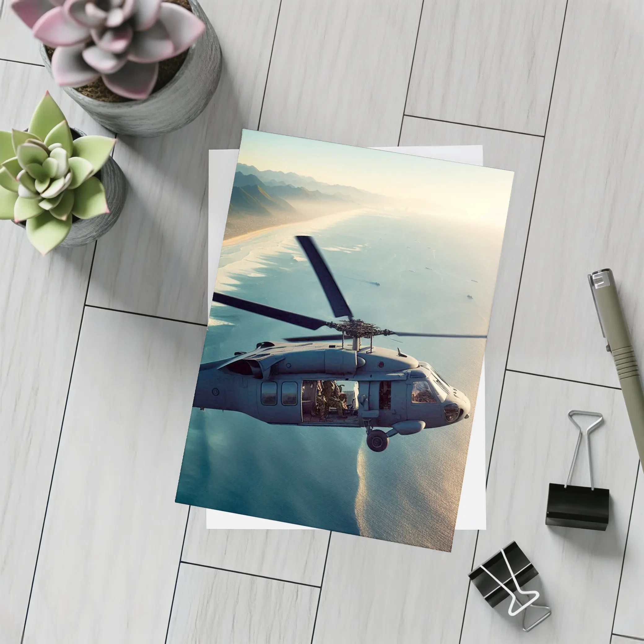 Military Helicopter Flying Over Coastal Shoreline – Postcards