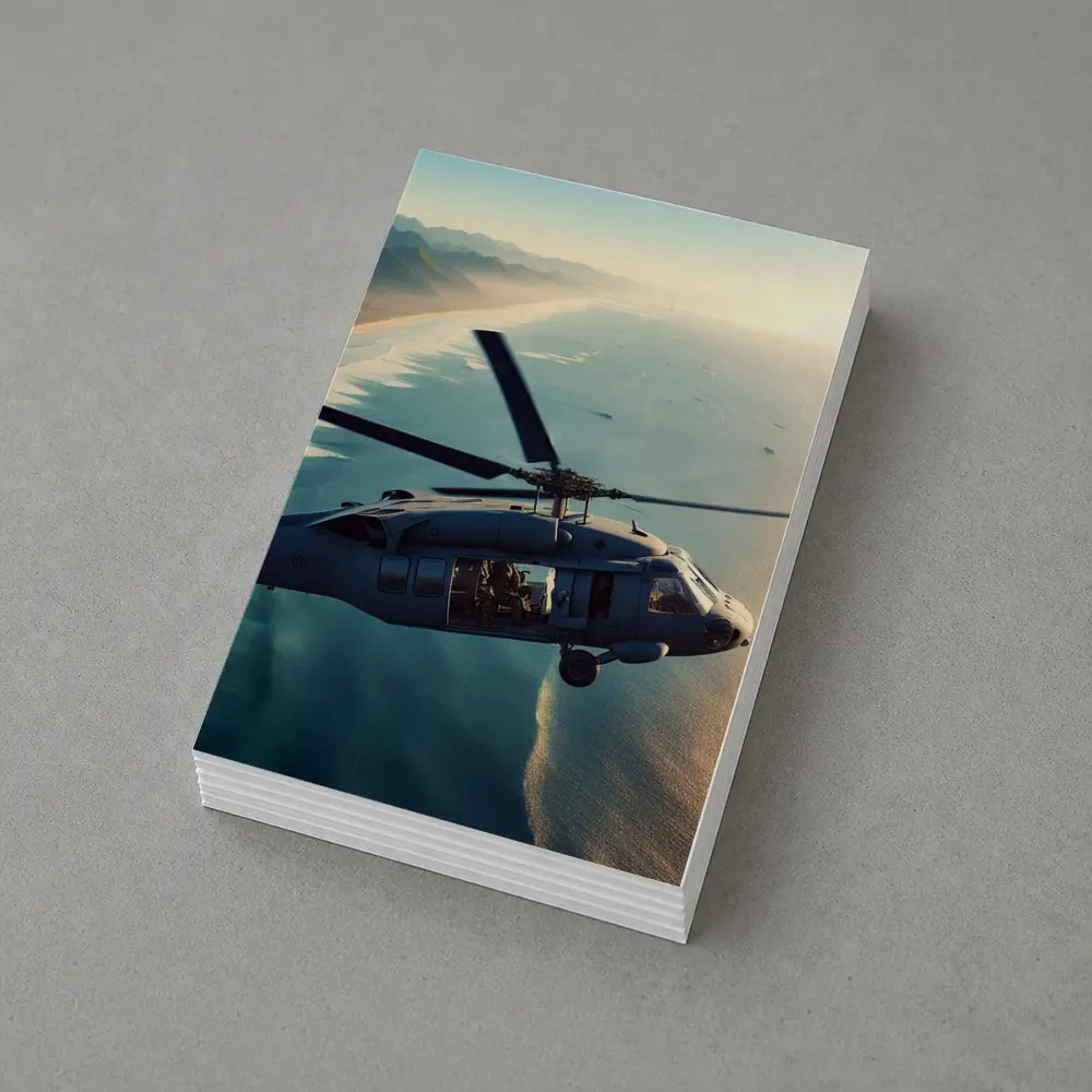 Military Helicopter Flying Over Coastal Shoreline – Postcards