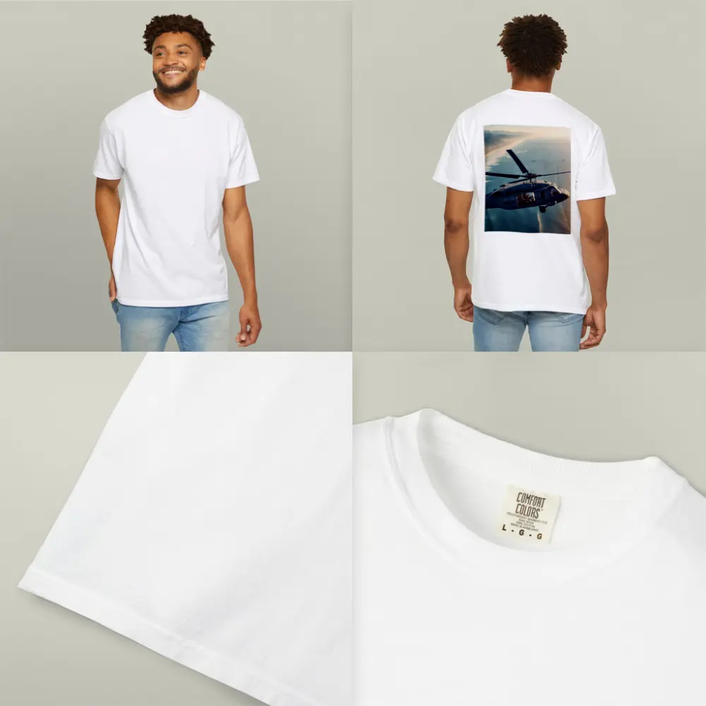 Military Helicopter Flying Over Coastal Shoreline – T-Shirts