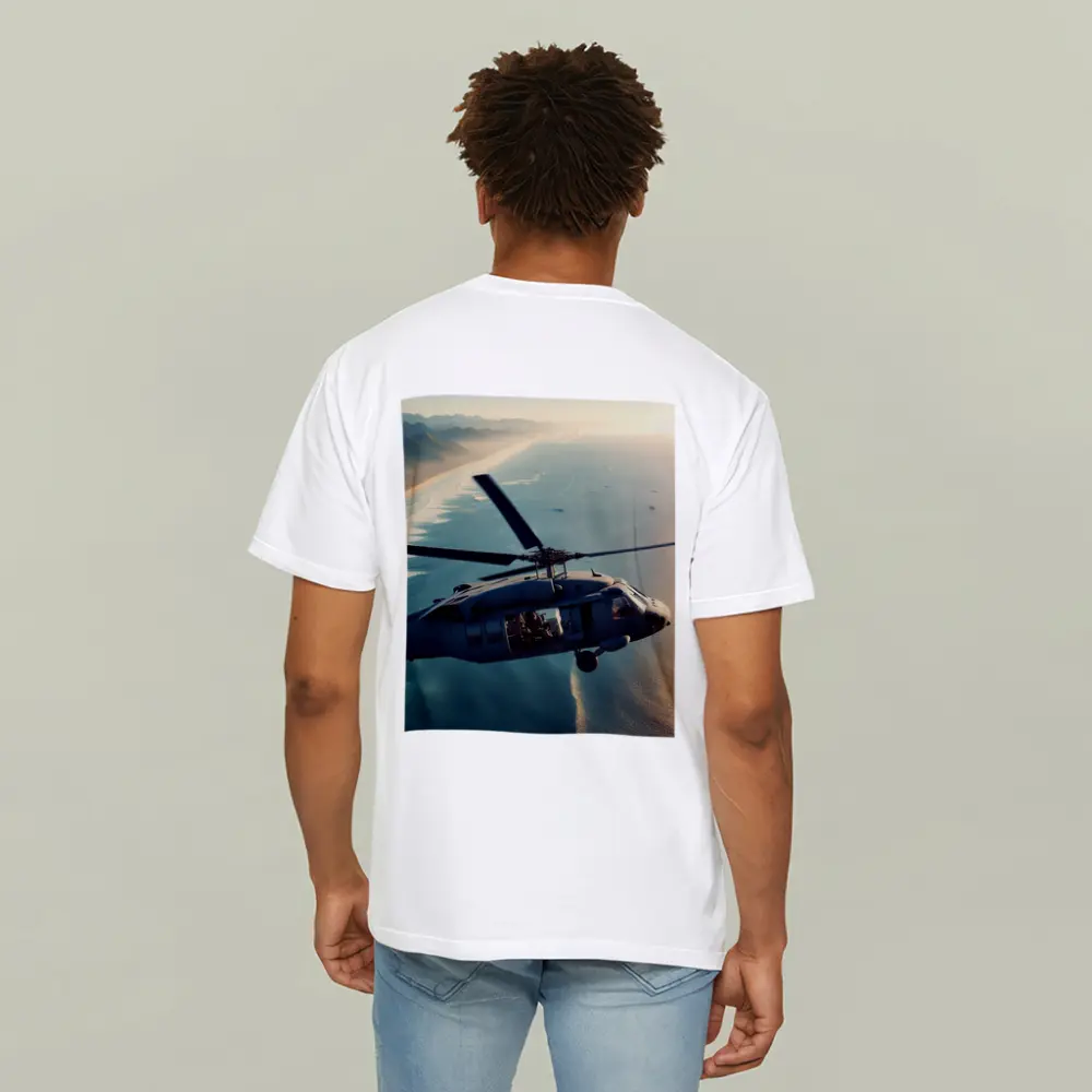 Military Helicopter Flying Over Coastal Shoreline – T-Shirts