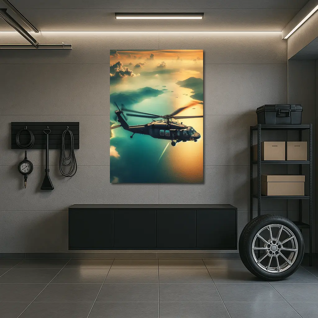 Black Hawk Helicopter Flying Over Coastal Landscape – Wall Art