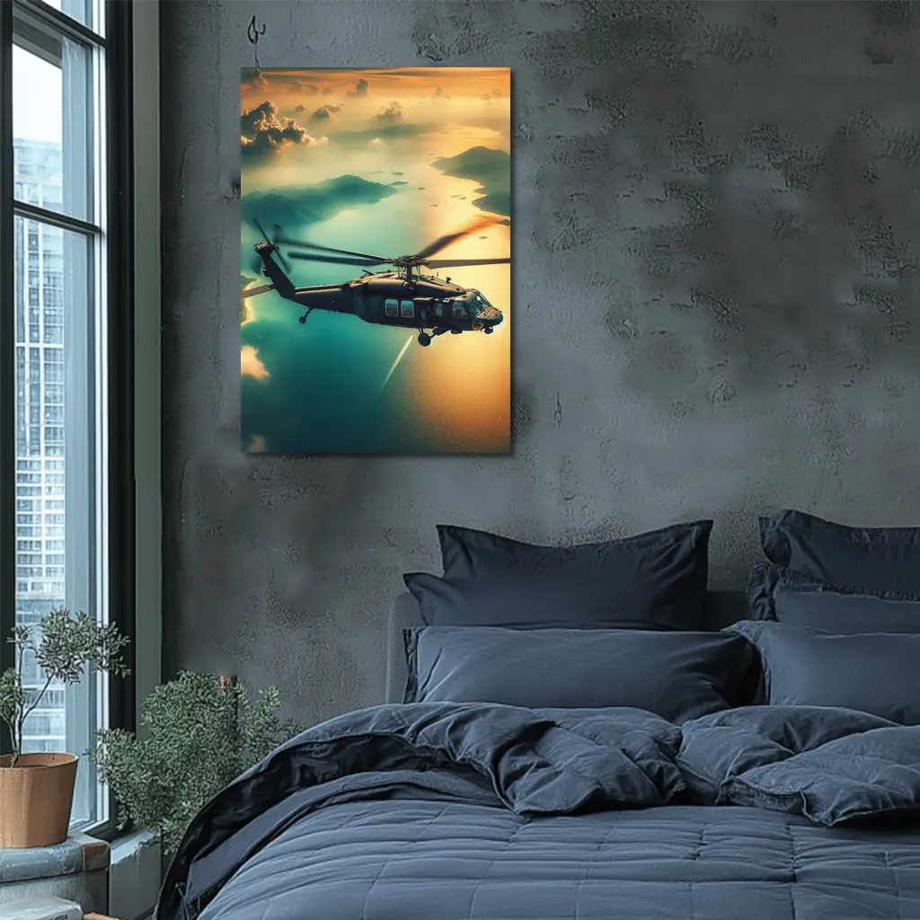 Black Hawk Helicopter Flying Over Coastal Landscape – Wall Art
