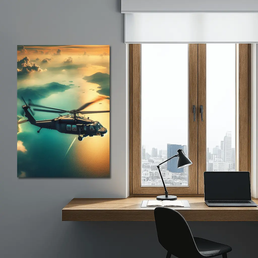 Black Hawk Helicopter Flying Over Coastal Landscape – Wall Art