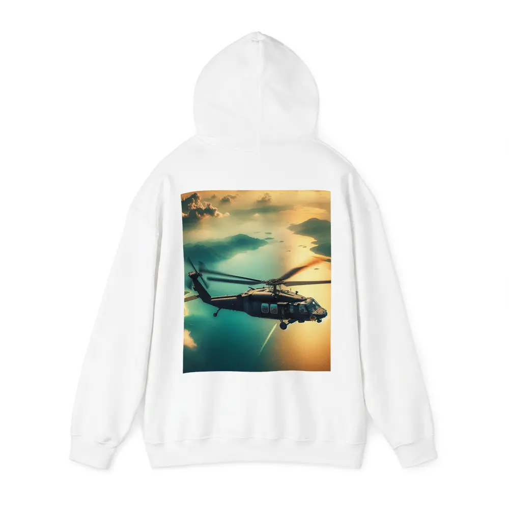 Black Hawk Helicopter Flying Over Coastal Landscape – Hoodies