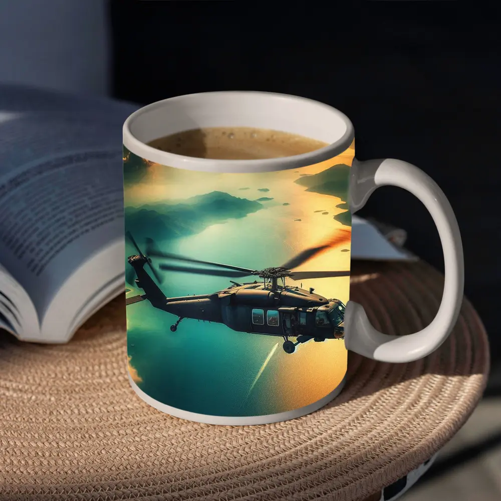 Black Hawk Helicopter Flying Over Coastal Landscape – Mugs