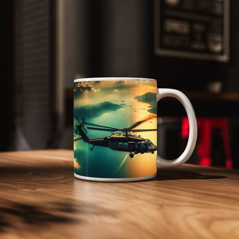 Black Hawk Helicopter Flying Over Coastal Landscape – Mugs
