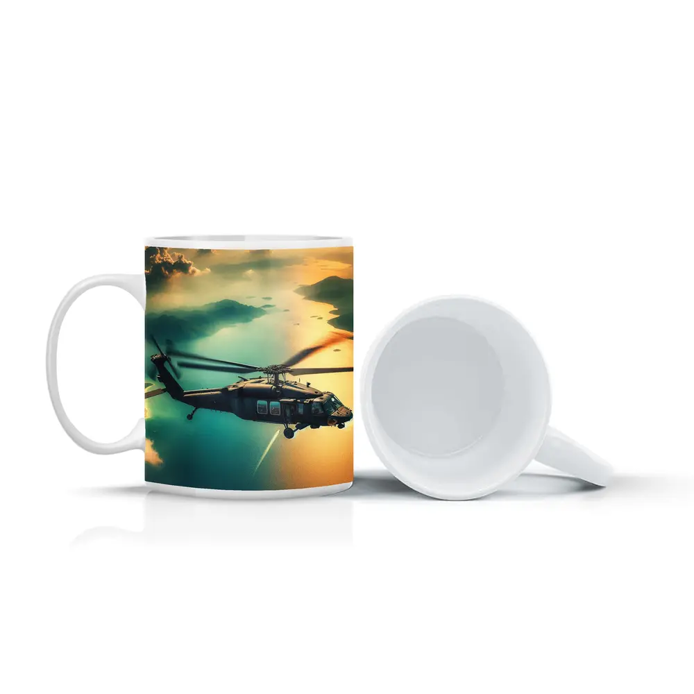 Black Hawk Helicopter Flying Over Coastal Landscape – Mugs