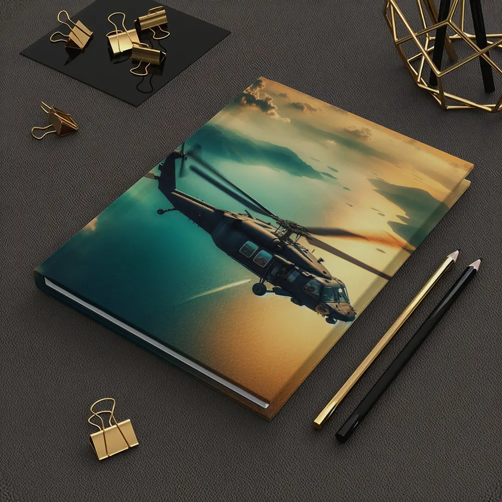 Black Hawk Helicopter Flying Over Coastal Landscape – Notebooks