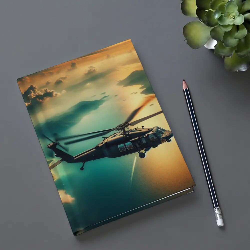 Black Hawk Helicopter Flying Over Coastal Landscape – Notebooks
