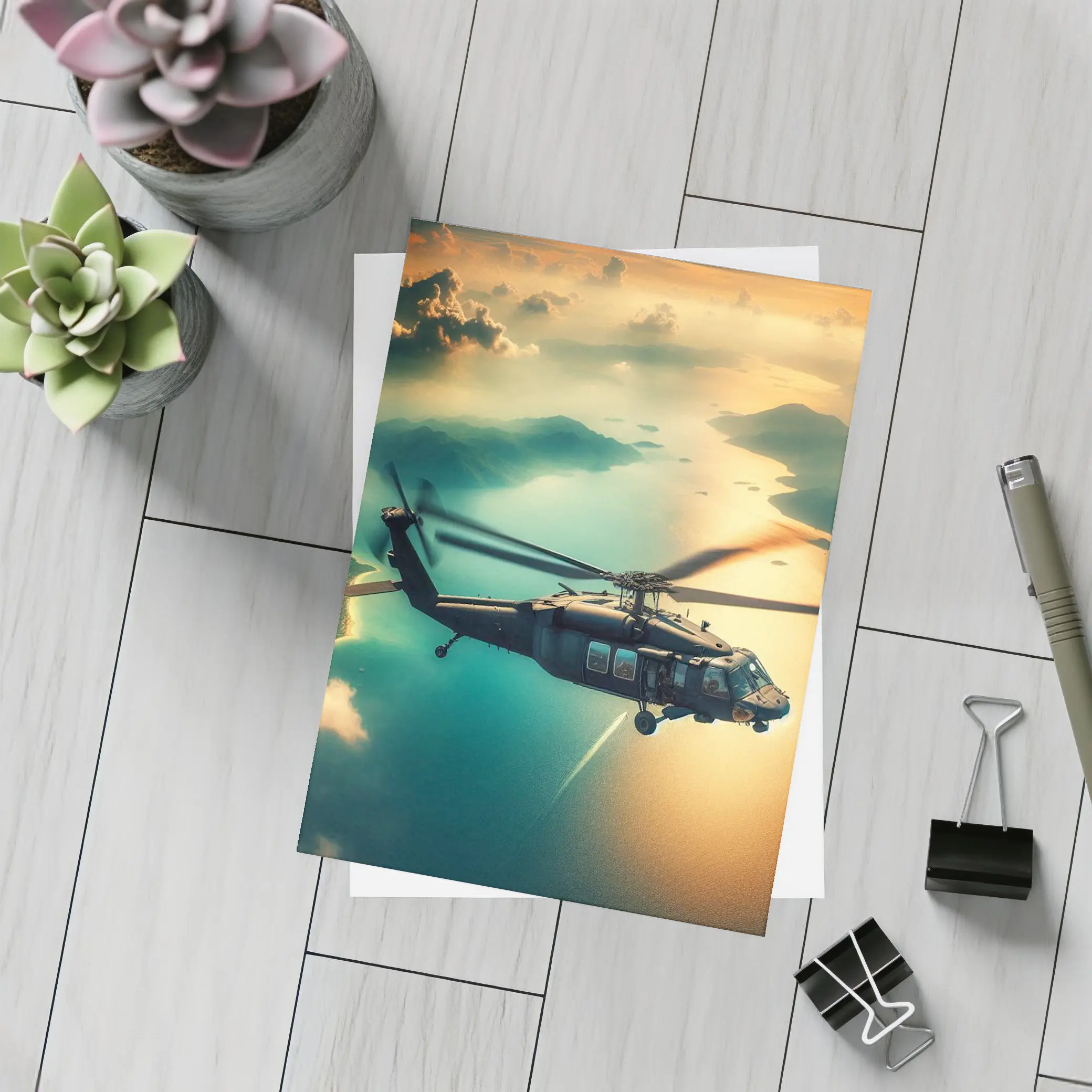 Black Hawk Helicopter Flying Over Coastal Landscape – Postcards