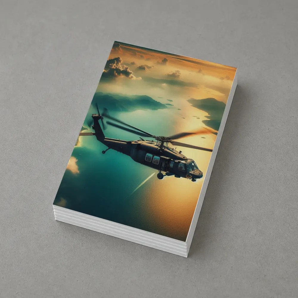 Black Hawk Helicopter Flying Over Coastal Landscape – Postcards