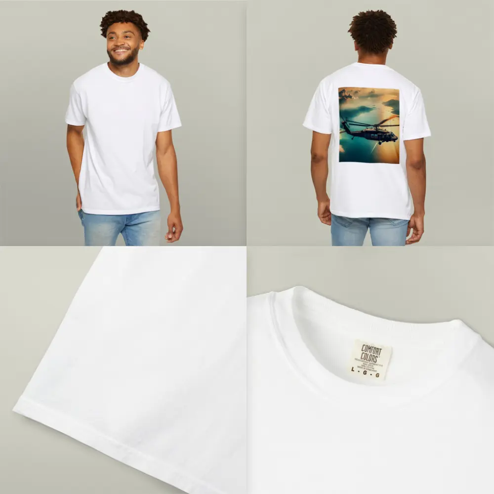 Black Hawk Helicopter Flying Over Coastal Landscape – T-Shirts