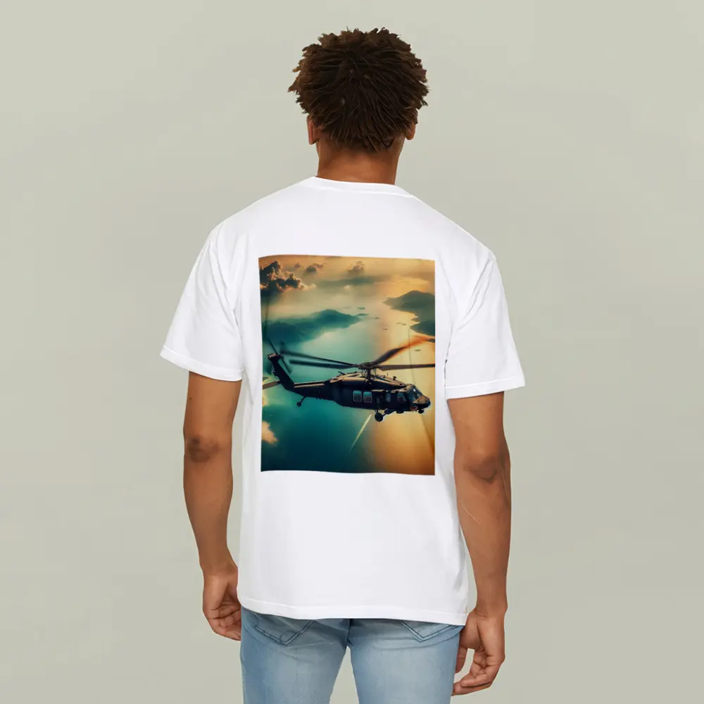 Black Hawk Helicopter Flying Over Coastal Landscape – T-Shirts