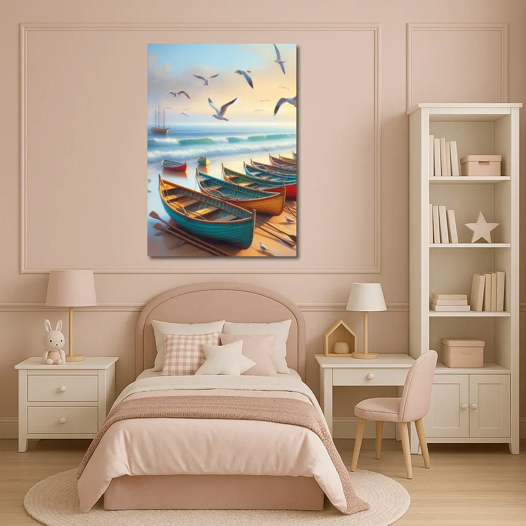 Colorful Rowing Boats Beach Seagulls Ocean Painting – Wall Art