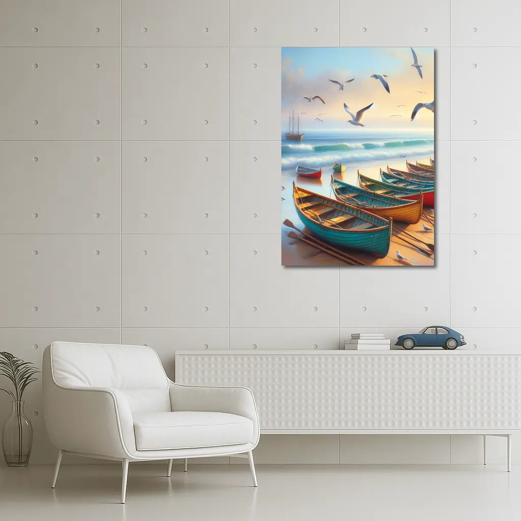 Colorful Rowing Boats Beach Seagulls Ocean Painting – Wall Art