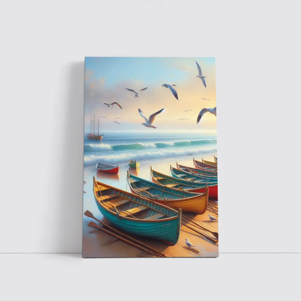 Colorful Rowing Boats Beach Seagulls Ocean Painting – Wall Art