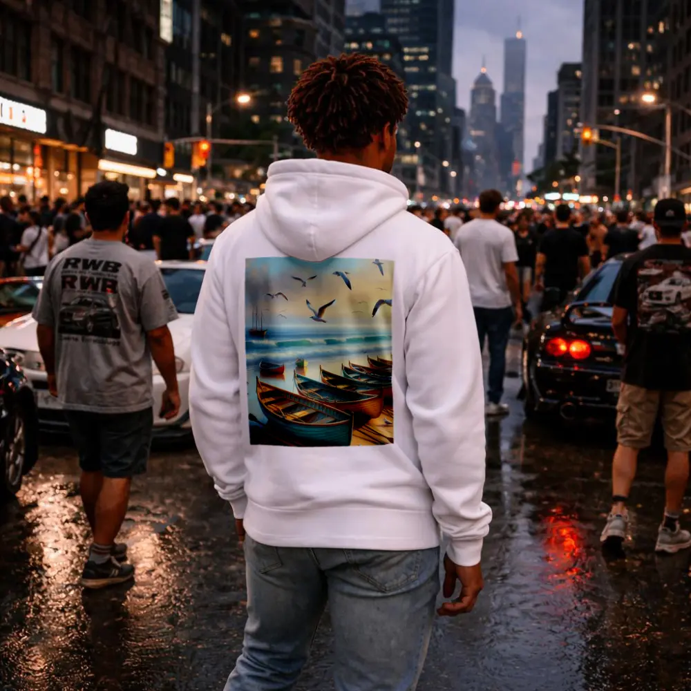 Colorful Rowing Boats Beach Seagulls Ocean Painting – Hoodies