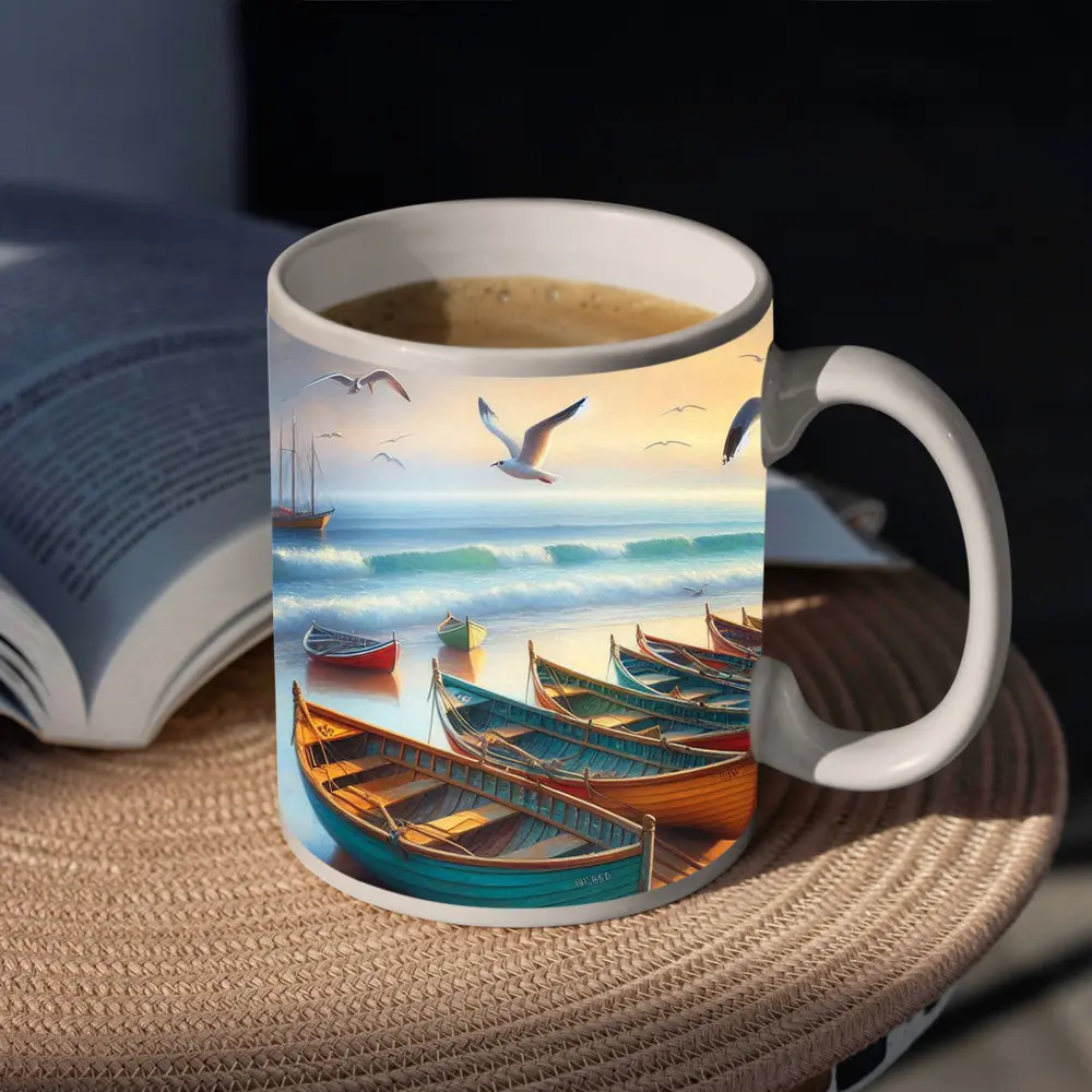 Colorful Rowing Boats Beach Seagulls Ocean Painting – Mugs