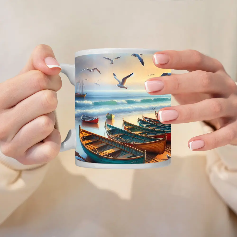 Colorful Rowing Boats Beach Seagulls Ocean Painting – Mugs