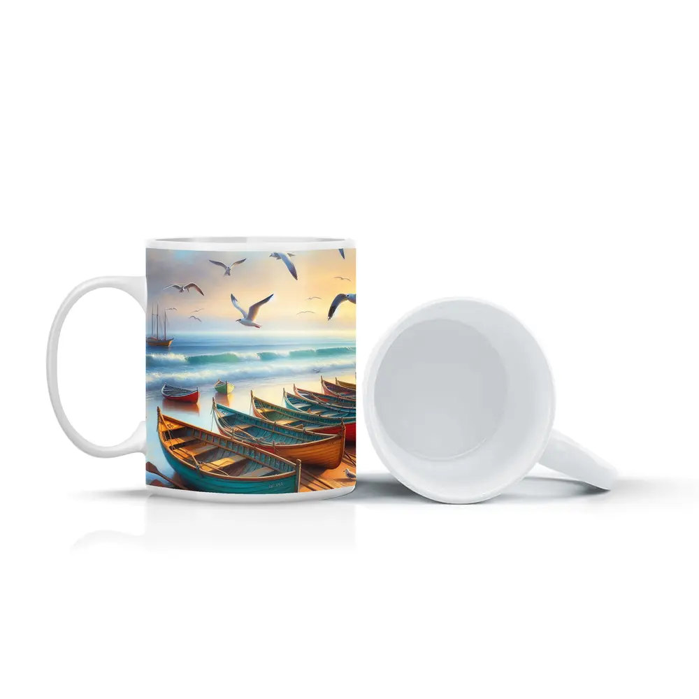 Colorful Rowing Boats Beach Seagulls Ocean Painting – Mugs