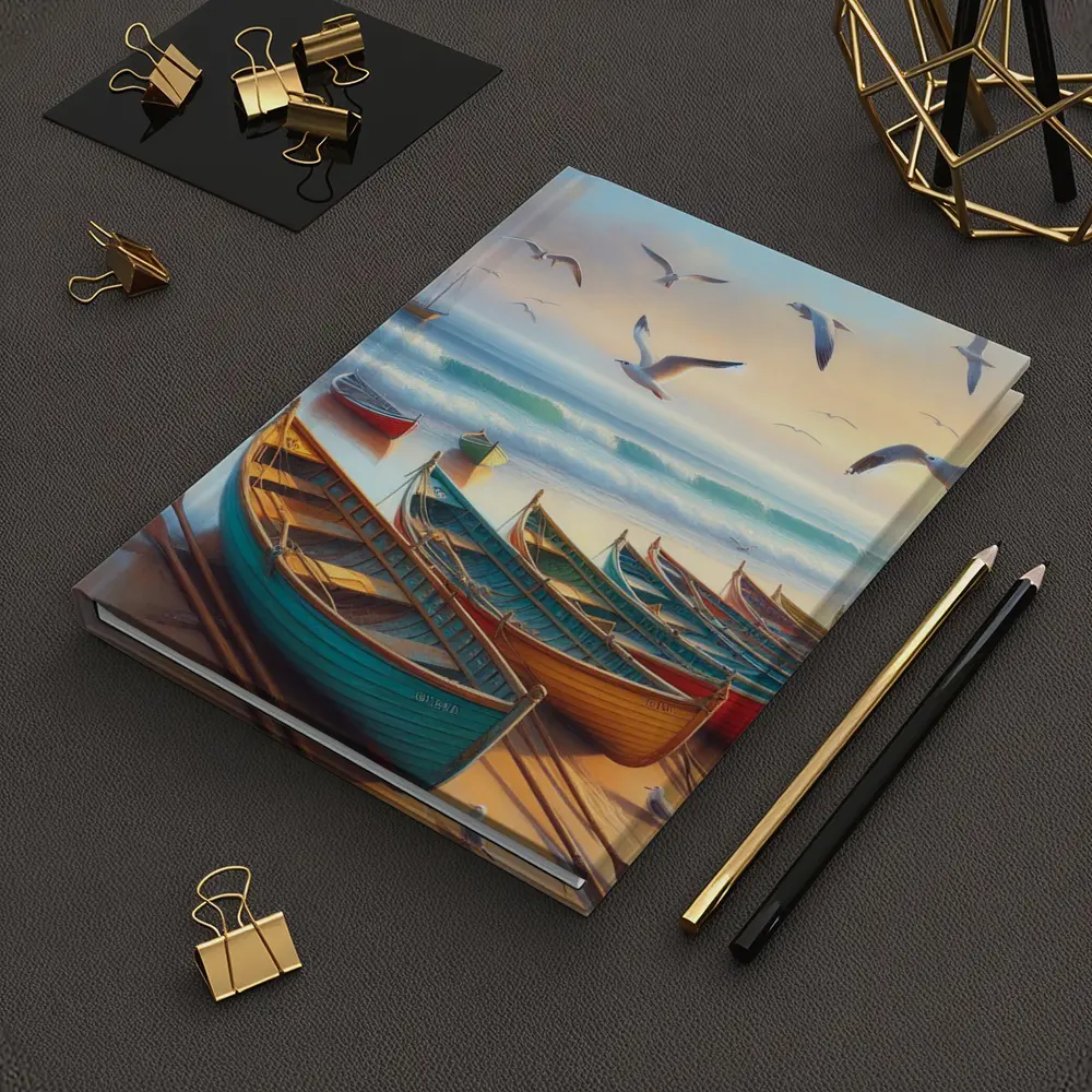 Colorful Rowing Boats Beach Seagulls Ocean Painting – Notebooks