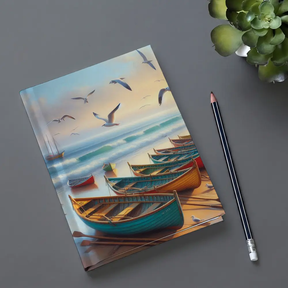 Colorful Rowing Boats Beach Seagulls Ocean Painting – Notebooks