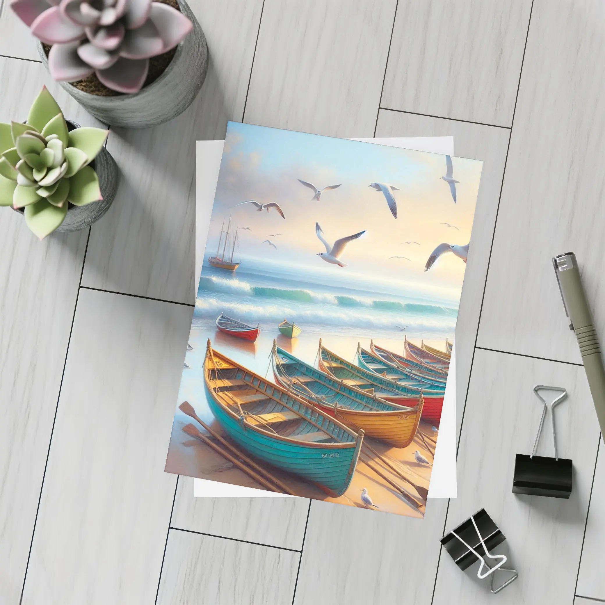 Colorful Rowing Boats Beach Seagulls Ocean Painting – Postcards